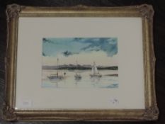 A watercolour, Owen, sailing boats on lake, 16 x 23cm, plus frame and glazed
