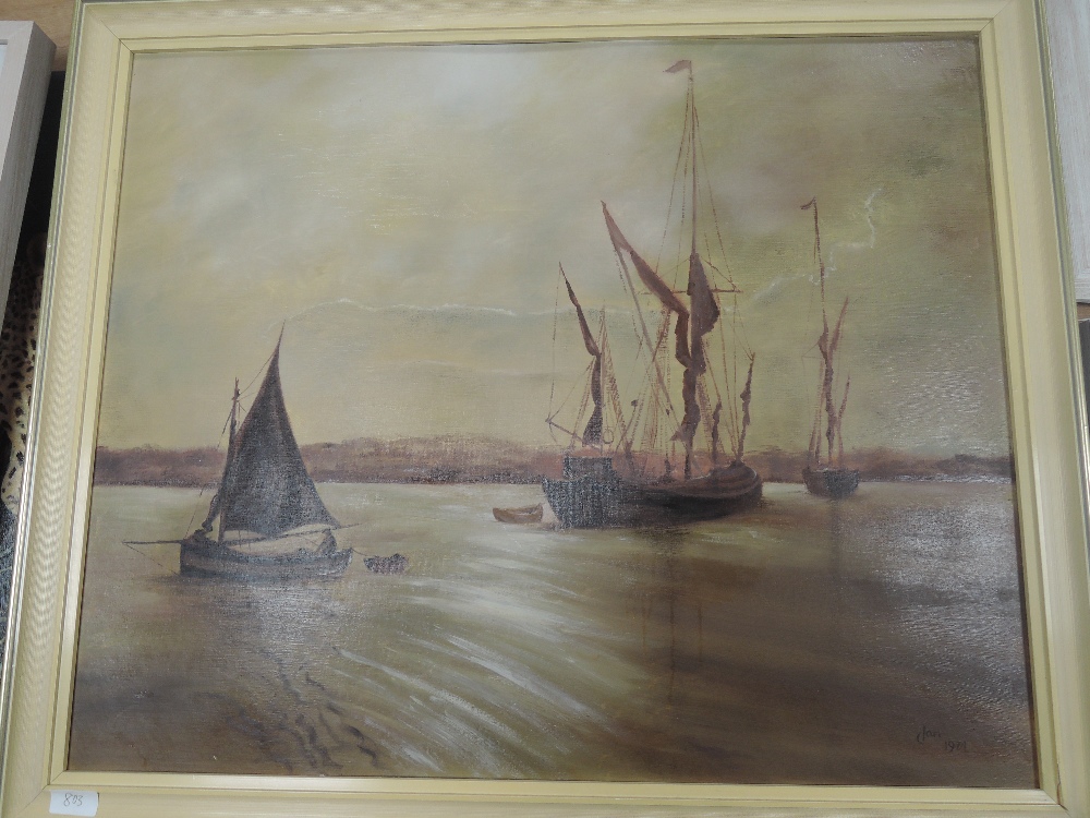 An oil painting on board, Jari, sailing boats, 62 x 74cm, plus frame