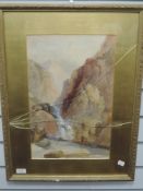 A watercolour, Needham, mountain river, signed, 44 x 29cm, plus frame