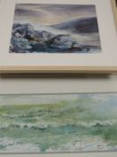 A watercolour, Kate Bentley, wave study, signed and attributed verso, 18 x 48cm, plus frame and