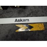 A modern Railway Platform Sign, Askam, in white with black lettering along with an enamel Yellow and