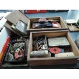 Two wooden boxes and a small tin of vintage Meccano and magazines including brass cogs etc