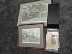 A folder containing six LMS Specification Cards along with two framed prints after Geoffrey Gibb,