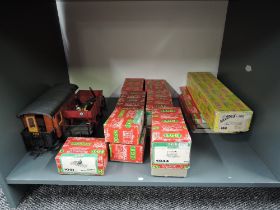 A shelf of Lehmann LGB G scale Rolling Stock, Track and Accessories including many boxed items,