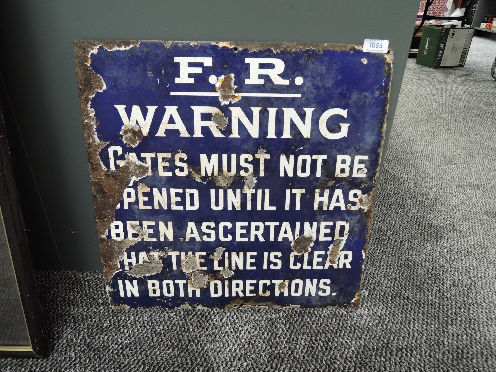 An Enamel Furness Railway Sign, F.R. WARNING Gates must not be opened until it has been