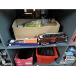 Two shelves of 00 gauge including four Lima & Hornby Locomotives, three boxed, a box of