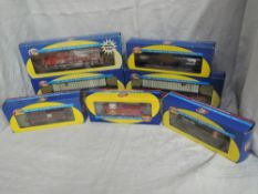 Seven Athearn HO scale, ATSF War Bonnet Locomotive 142, boxed 91502, Husky Stack x2, boxed 7264 &