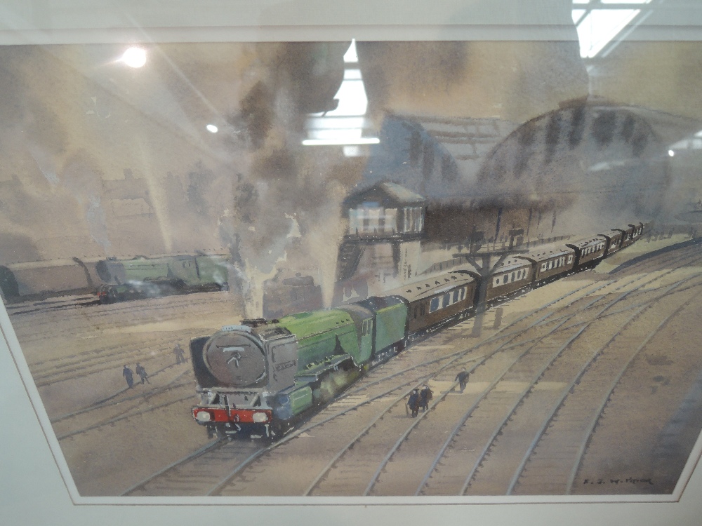 A watercolour, Ebenezer John Woods Prior, train interest, Yorkshire Pullman leaving Kings Cross - Image 2 of 2