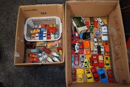 Two boxes of Matchbox, Corgi and similar mixed scale playworn diecasts including Matchbox