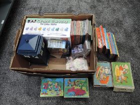 A box of mixed Toys comprising Vintage Ladybird Books, Doctor Who Battle Cards and Tardis, two