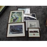 Six railway related prints, Forging Ahead, Ravenglass and Eskdale Railway, Night Scotsman, 34021 and