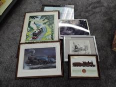 Six railway related prints, Forging Ahead, Ravenglass and Eskdale Railway, Night Scotsman, 34021 and