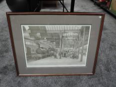 A framed print after John S Gibb, Carnforth Station, bearing signature to border, 70cm x 55cm