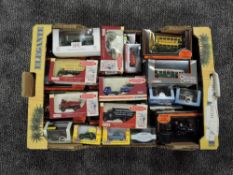 A box containing over 30 boxed 00 scale Cars, Lorries and Buses, most boxed