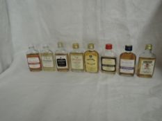 Eight Single Malt Whisky Miniatures all in glass flask bottles, Glen Mhor 8 year old 100 proof no