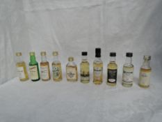 Ten Single Malt Whisky Miniatures, Tormore 10 year old 43% vol, Littlemill 5 year old no strength,