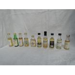 Ten Single Malt Whisky Miniatures, Tormore 10 year old 43% vol, Littlemill 5 year old no strength,