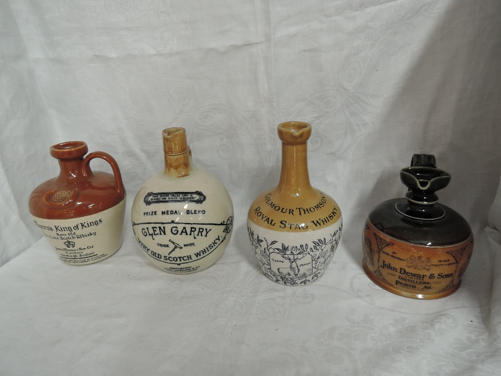 Four Antique Whisky Stoneware Flagons, Kennedy, Gilmour Thomson Royal Stag Whisky, Port Dundas, Glen