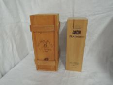 Two empty wooden Whisky Boxes, The Macallan Over 25 Year Old Anniversary Malt and Bladnoch 10 Year