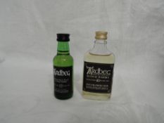 Two Ardbeg Single Malt Whisky Distillery Bottling Miniatures, 10 year old in glass flask no strength
