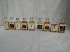 Nine Single Malt Whisky Miniatures in glass flask bottles all 70 proof and no capacity, Linkwood