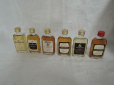 Six Single Malt Whisky Miniatures in glass flask bottles all 100 proof and 57 vol and no