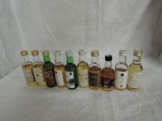 Ten Blended Whisky and Single Grain Miniatures, Strathayr 75 proof 1 2/3fl oz, Ben Nevis 21 year old