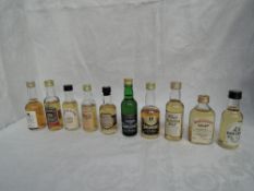 Ten Single Malt Whisky Miniatures, Old Fettercairn 70 proof, Dufftown Glenlivet 8 year old 43%