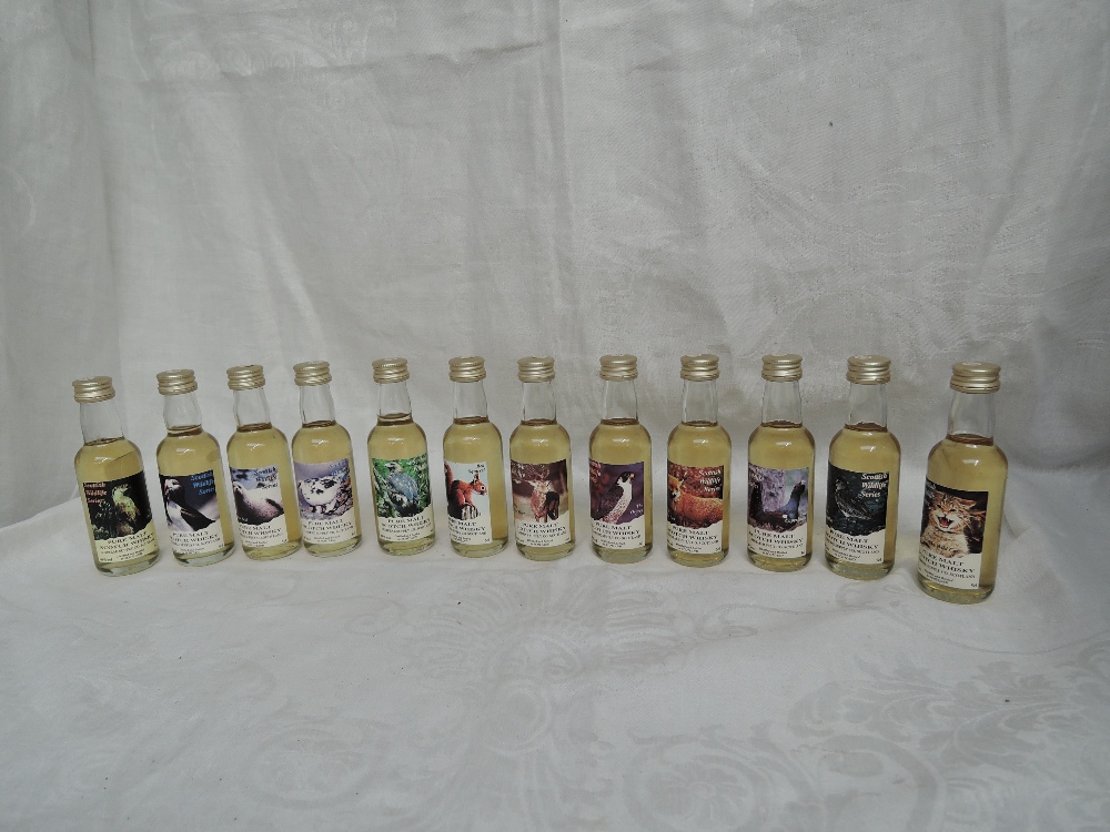 Twelve Miniature bottles of Cumbrae Scottish Wildlife series Pure Malt Whisky, Animals and Birds,