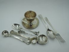 A small selection of HM silver and white metal including egg cup, pair of salt spoons in the Kings