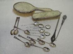 A small selection of HM silver and white metal including two brushes (AF), two button hooks, six