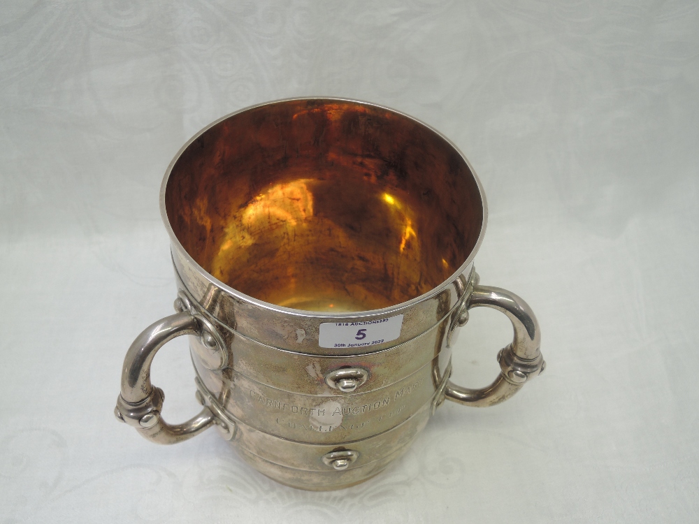 A large Victorian silver three handled trophy inscribed Carnforth Auction Mart Challenge Cup - Image 2 of 4