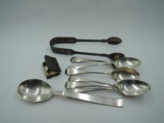 A selection of HM silver including six silver teaspoons bearing letter M to terminals, a pair of