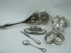 A small selection of HM silver including napkin rings, nail buffer, bowl, hand brush etc, most AF