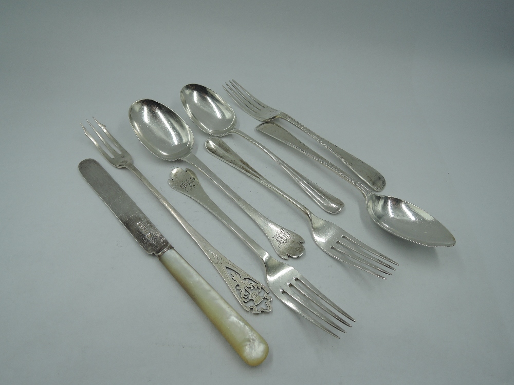 A selection of HM silver cutlery including three pairs of spoon and forks, a Scottish silver
