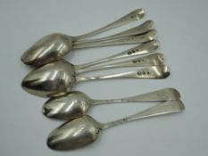 Six Georgian teaspoons of Old English form (3 & 3), London 1801, Thomas Oliphant & 1791, Peter & Ann