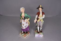 Two early 19th century figurines, one depicting maiden with flower basket, the other a young gent in