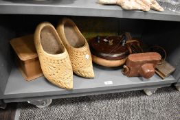 A selection of treen and hardware including large fishing reel clogs and bowl