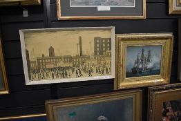 A print on board after Lowry of a mill scene and a print of sailing galleon