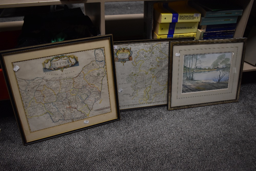Two frame and glazed maps, one of Suffolk the other Warwickshire also included is a watercolour of