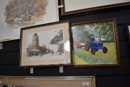 A photographic print of Barrow high street and a naive painting of a tractor