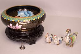 A selection of cloisonne items including bowl and bird figures