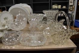 A selection of clear cut and crystal glass wares including footed bowl