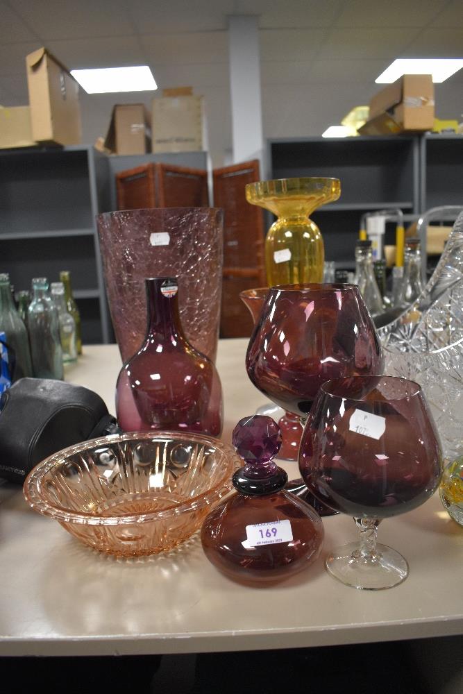 A variety of art glass including amethyst Dartington crystal vase.