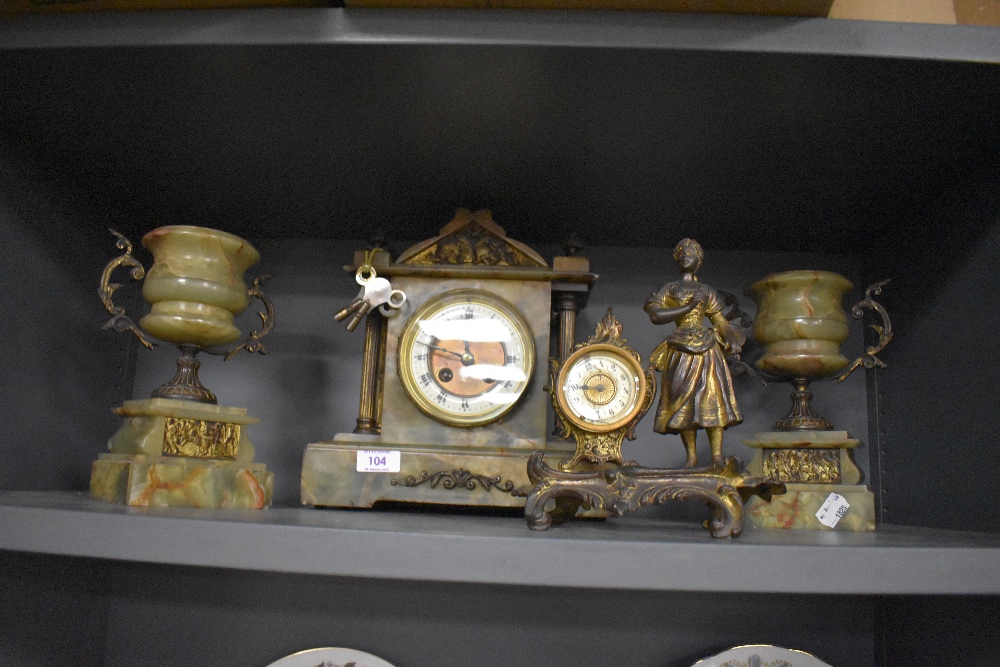 A Victorian Ormolu and agate matle clock and garniture set with similar figural clock