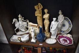 A mixed lot of ceramics and figurines including Copeland jug, Spode plate and bottle and more.