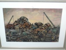 An oil painting, Hardaker, vintage scrap yard, signed, 48 x 74cm, plus frame and glazed