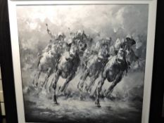 An oil painting, horse racing, indistinctly signed, 75 x 75cm, plus frame and glazed