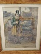 A watercolour, travelling fiddler, 19th century, 67 x 48cm, plus frame and glazed