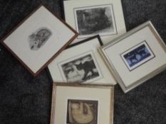 A selection of prints, inc after Theresa Pateman, Cat in a Box, 15 x 16cm, plus frame and glazed